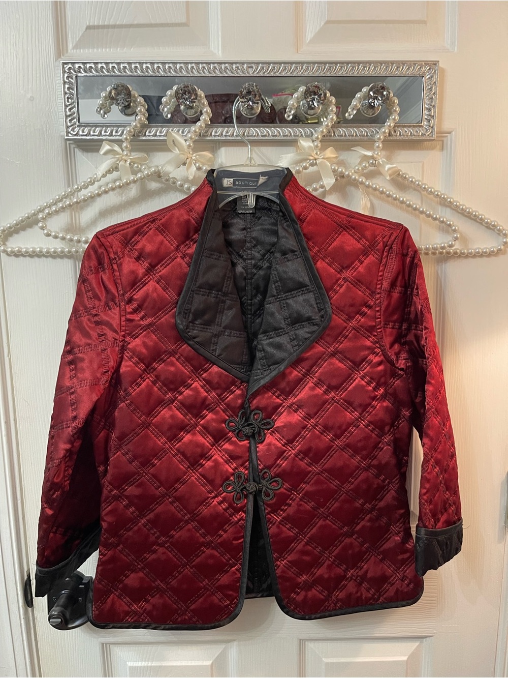 JS Boutique Quilted Red Satin Jacket with Black Trim
